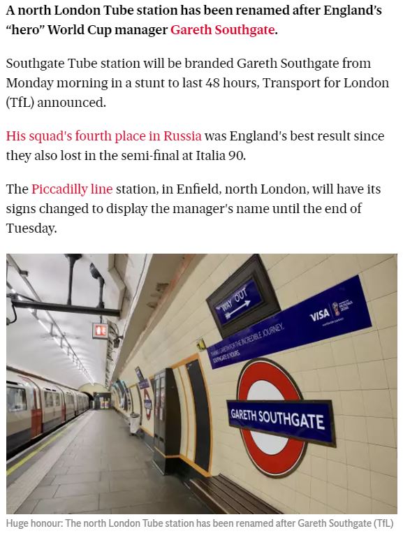 Transport for London renames Southgate station in honour of England World Cup manager Gareth Southgate